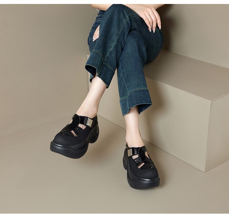 Giày sandal cao gót nữ đính sequin và đá rhinestone, đế dày độn cao, mũi bao da thật kiểu La Mã rỗng — Màu đen, Màu trắng be, Màu bạc chi tiết 7