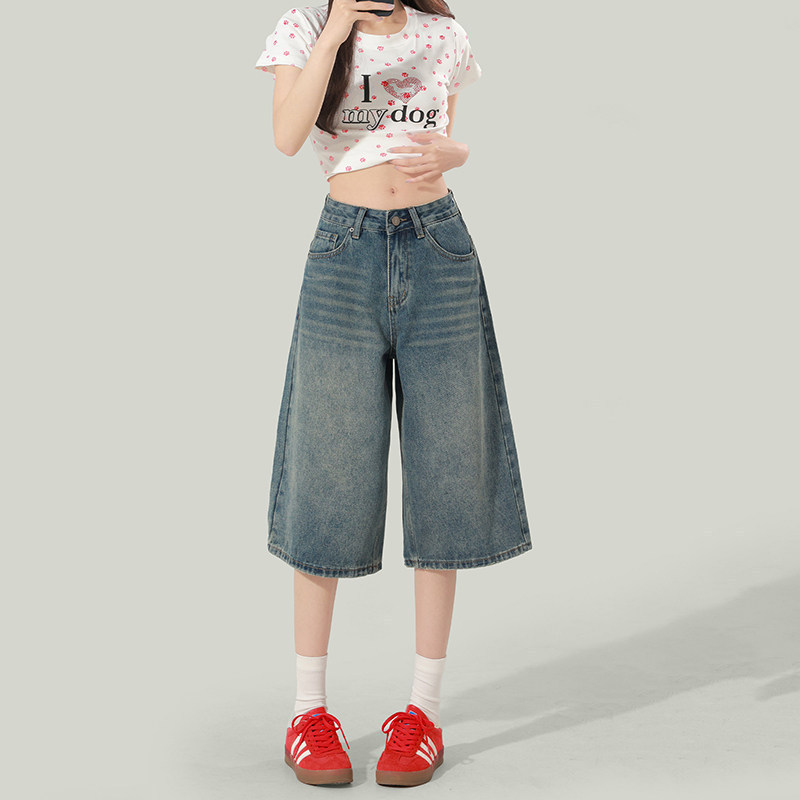 Vintage Cropped Denim Shorts for Women, Summer 2026 New Style, Thin and Loose Fit, Casual Versatile Wide-Leg Mid-Length Pants