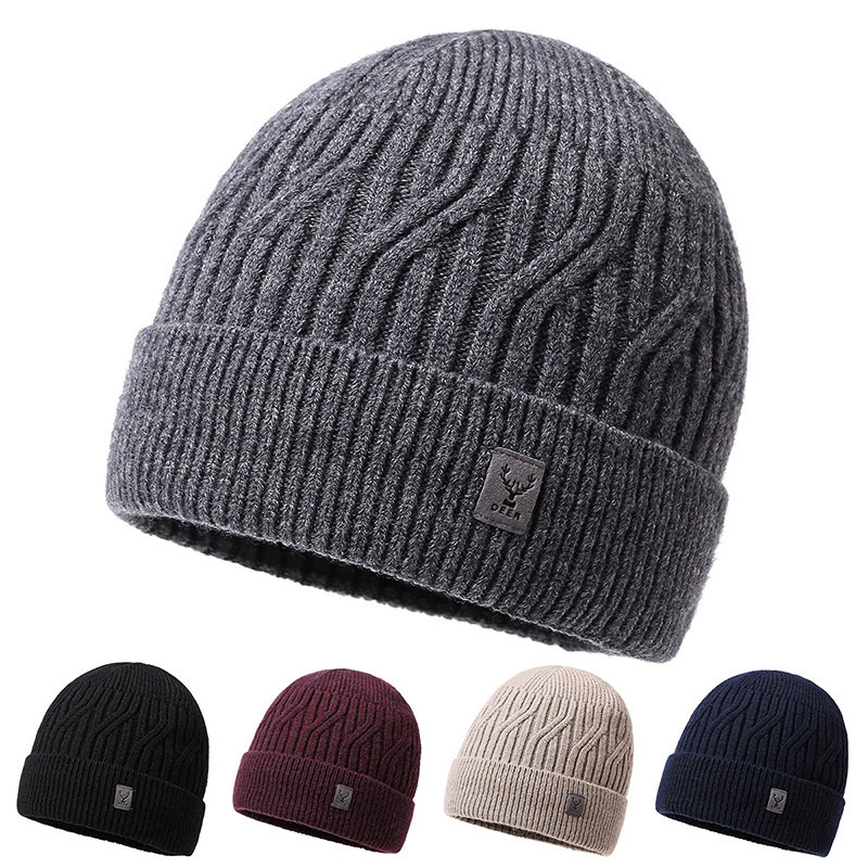 Winter Cycling Cold-Proof Core-Spun Yarn Knitted Pullover Hat for Middle-Aged and Elderly, Simple and Versatile Fleece-Lined Wool Hat for Men Wholesale