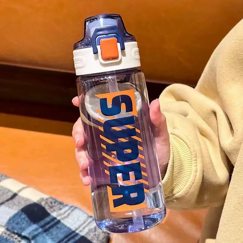 简约字母时尚弹跳盖水壶随手运动塑料杯吸管饮水杯子工厂批发