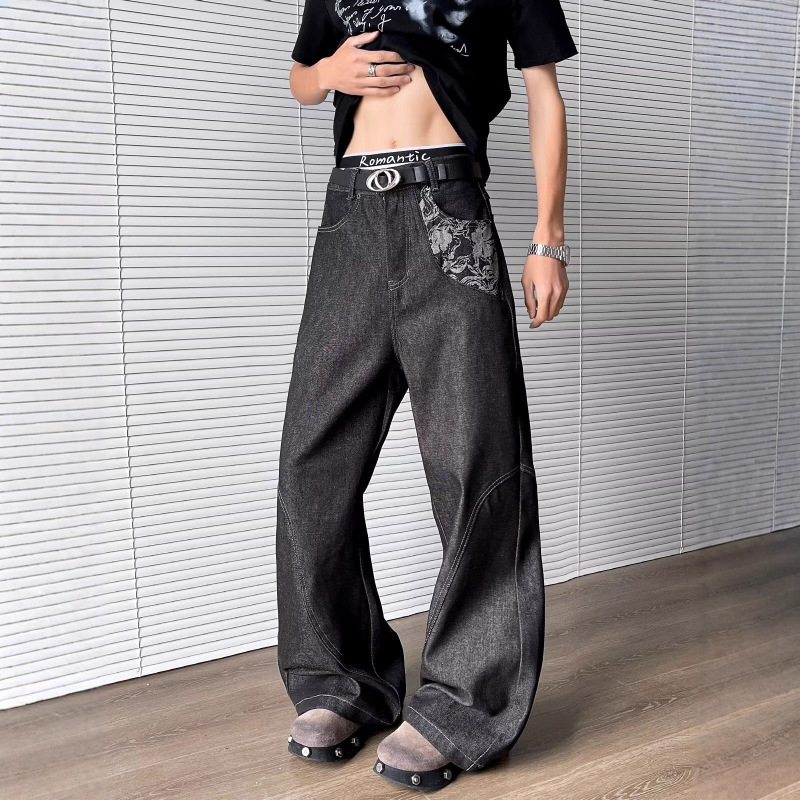 Cross-Border Black High-End Designer Jeans for Men, American High Street Style, Jacquard Patchwork Tapered Wide-Leg Pants