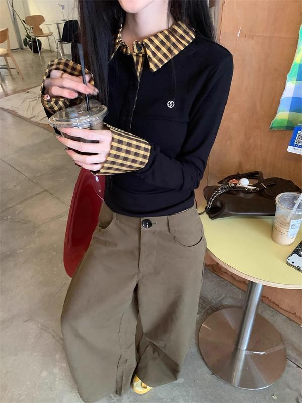 学院风格纹polo领拼接假两件长袖t恤女秋冬内搭修身显瘦打底上衣|undefined