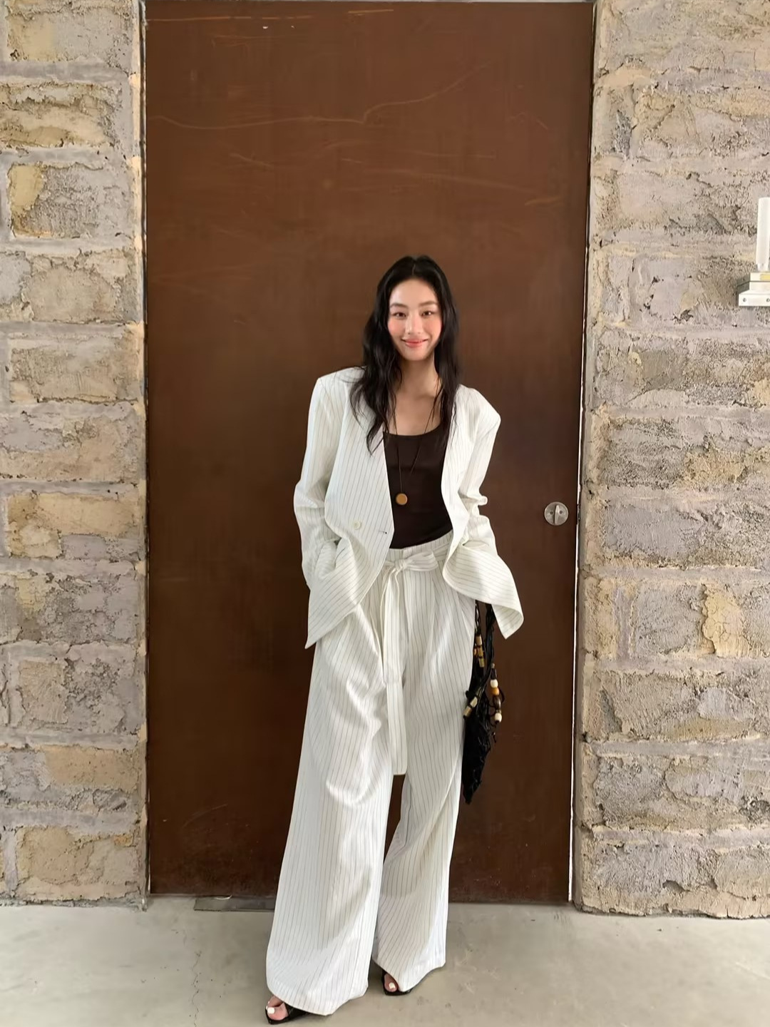 Весна 2025, новый полосатый композитный пиджак без воротника, женский льняной тонкий костюм для поездок на работу, стильный костюм Ins