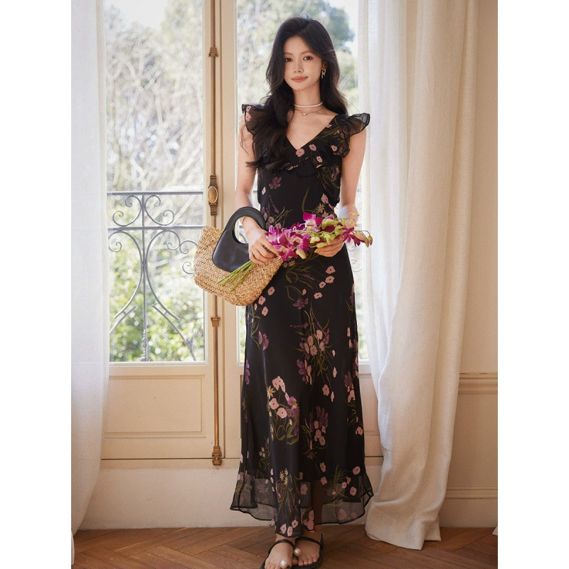 Настоящее фото черного лотоса с воротником средней длины, растительное цветочное нишевое платье, женское длинное платье для летних каникул