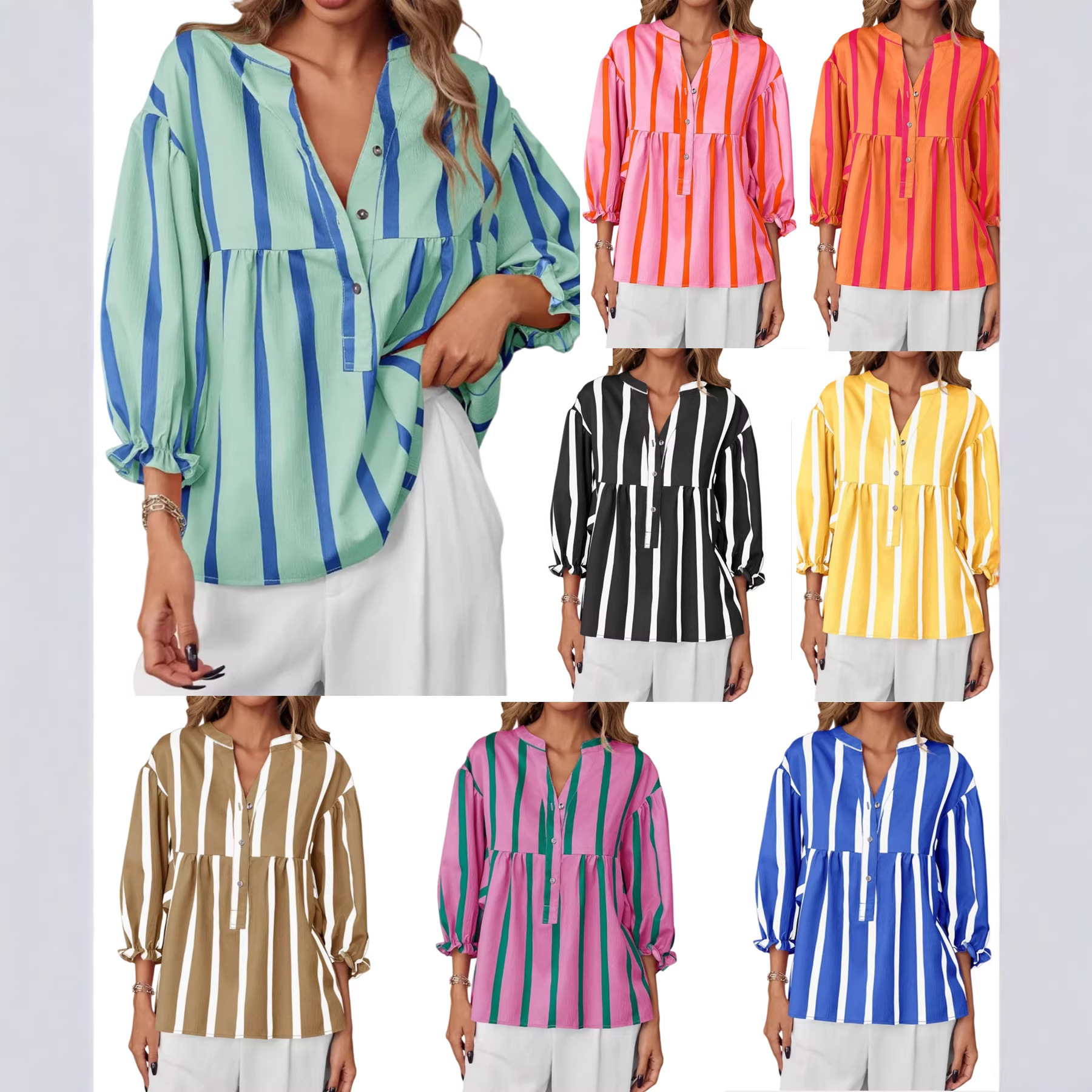 In Stock 2025 Cross-Border Amazon Tk European and American Fashion Casual Loose Striped V-Neck Printed Shirt
