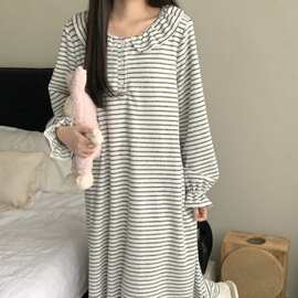 韩国ins女士新品韩系简约条纹毛巾布睡衣休闲宽松睡裙慵懒家居服