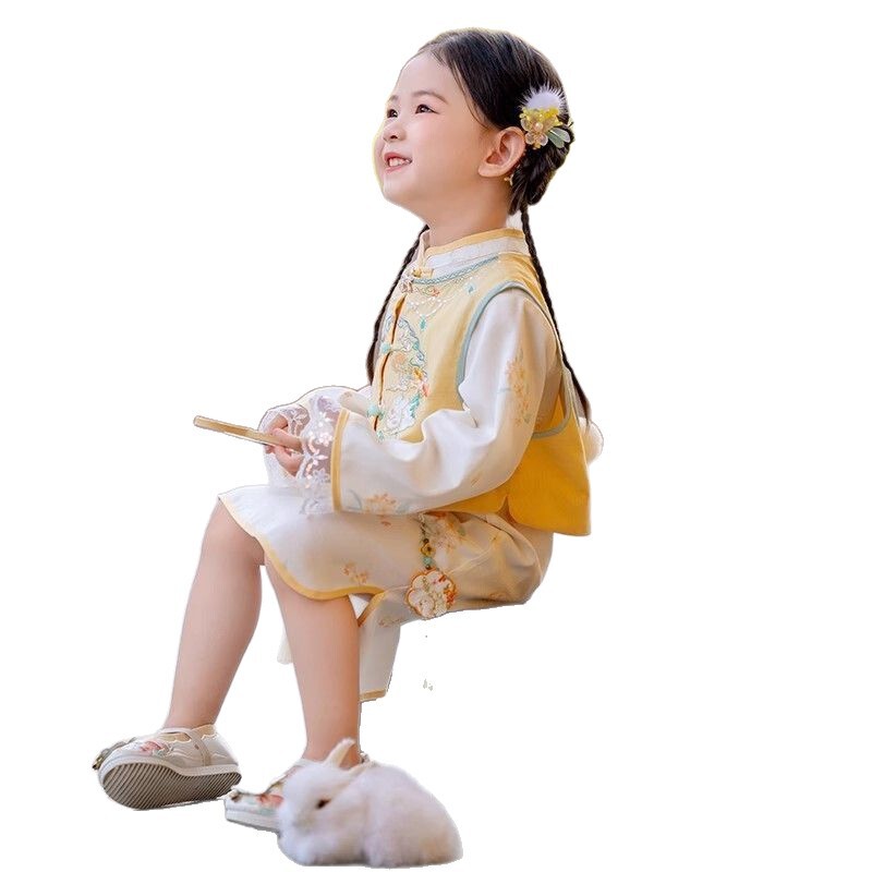 汉服女童秋装宝宝中国风玉兔马甲旗袍连衣裙女孩古装儿童中秋唐装|undefined