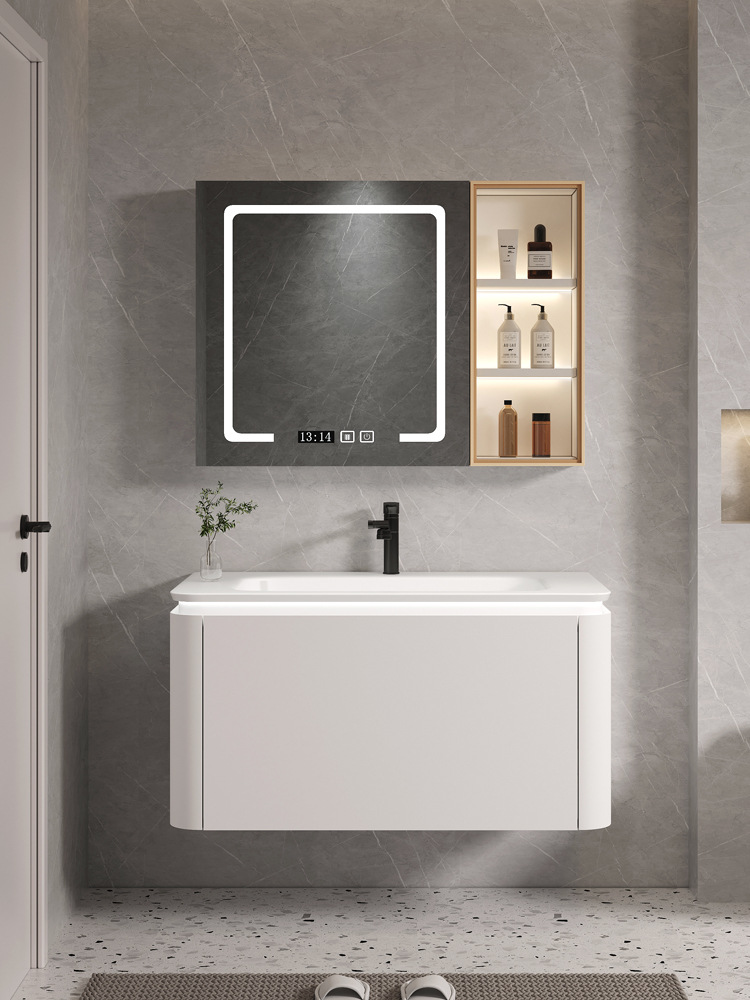 Estilo crema de múltiples capas de madera maciza gabinete de baño combinación baño lavabo mesa de lavado sensación de la piel cuenca inteligente baño espejo gabinete