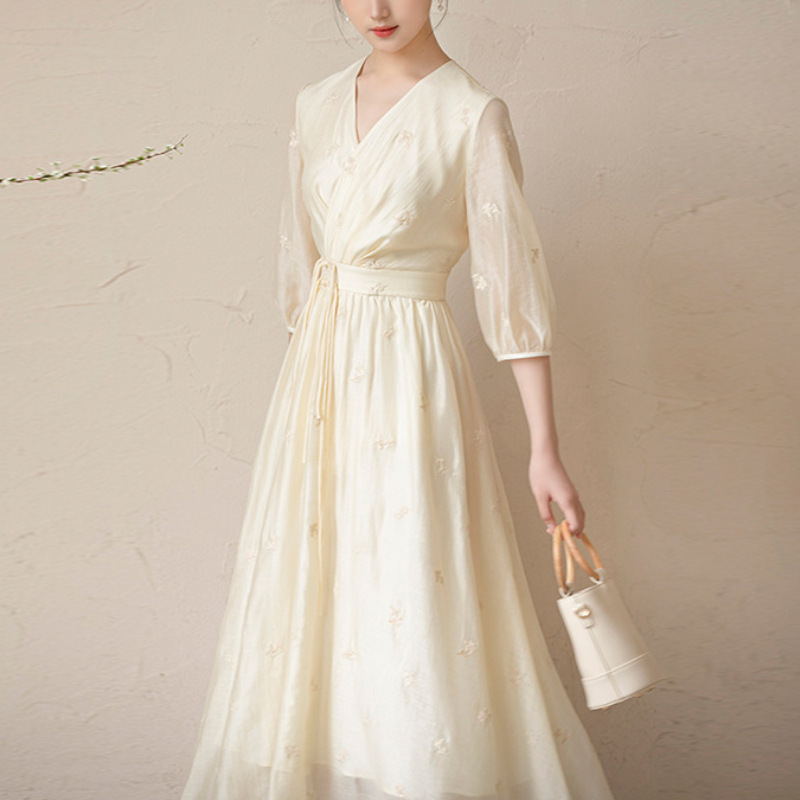 Elegant Clothing 2025 Summer Cross-Collar Waist Fairy Design Improved Han Dynasty Atmospheric New Chinoiserie National Style Dress for Women