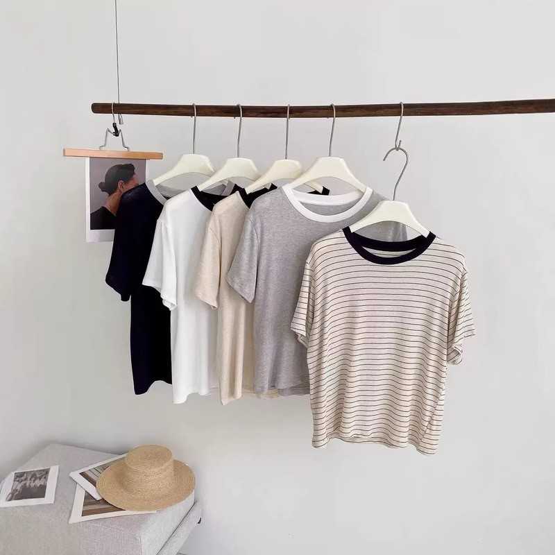 Lyocell Tencel Linen Short-Sleeve T-Shirt with Color-Block Collar, Spring/Summer Thin Knit, Slightly Dropped Shoulder, Casual Pullover Base Shirt Lyocell Tencel Linen Short-Sleeve T-Shirt with Color-Block Collar, Spring/Summer Thin Knit, Slightly Dropped Shoulder, Casual Pullover Base Shirt