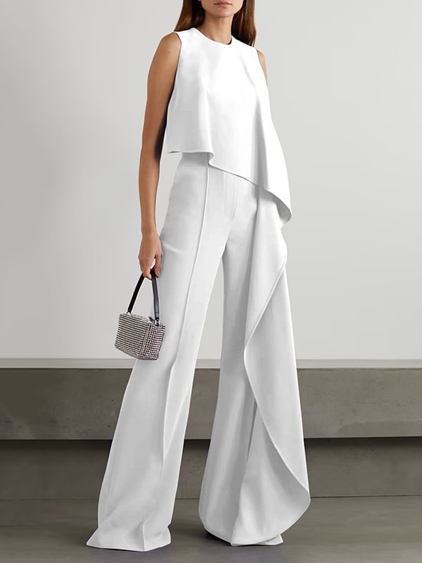 Mono irregular de mujer con pantalón de pierna ancha y chaleco largo con cadena, estilo europeo y americano, para comercio exterior 2024