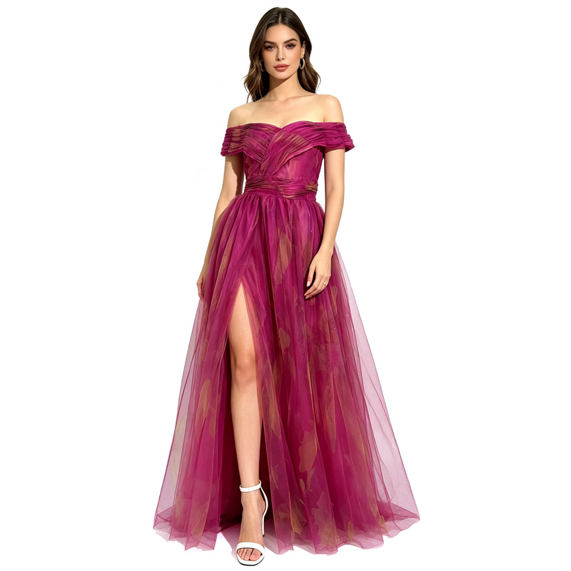 French-Style Strapless Off-Shoulder Mesh Gown, High-Waisted Slimming Long Dress with Slit, Bridesmaid Dress, Prom Party Evening Dress