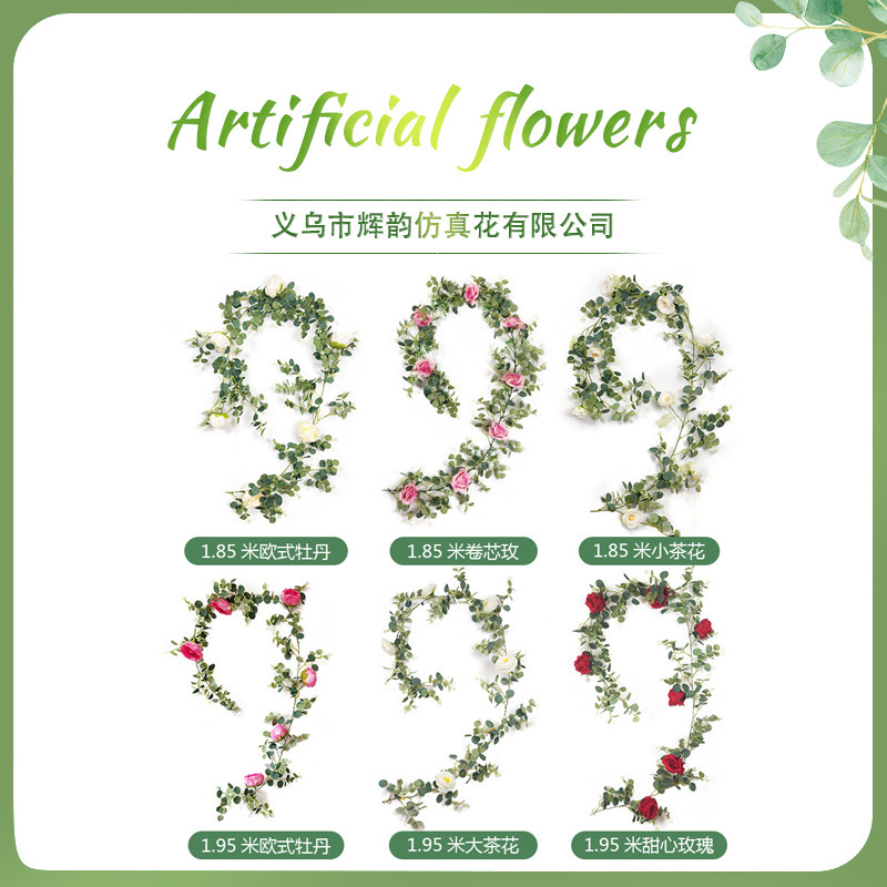 Amazon Eucalyptus Rose Flower Vine Wedding Home Decoration Artificial Peony Camellia Money Leaf Imitation Flower Vine