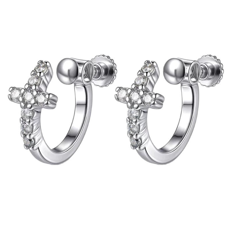 Full Diamond Cross Ear Clip For Men And Women Trendy Zircon Earring_voghion.com