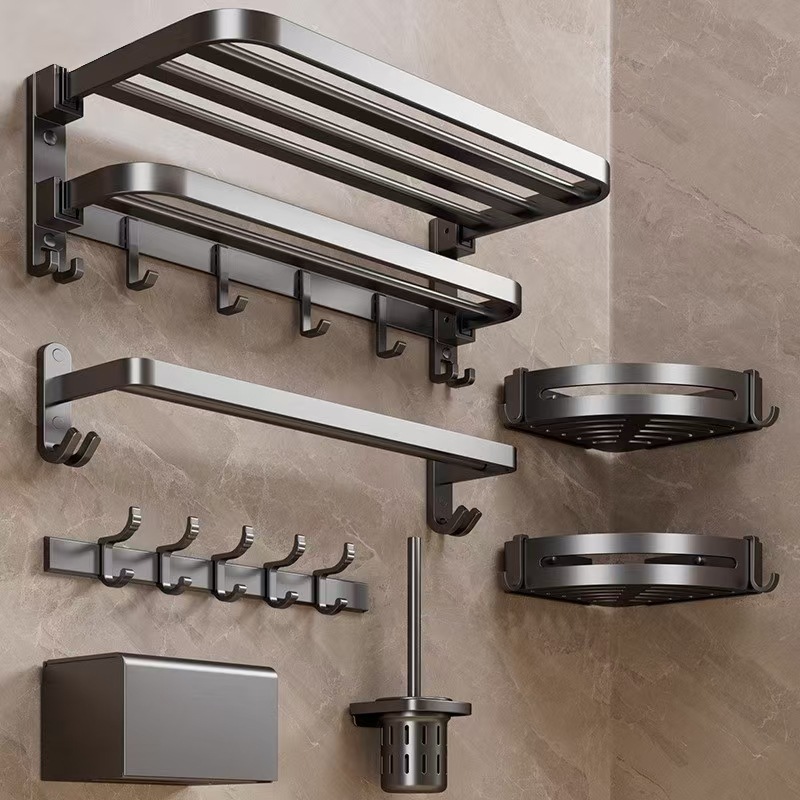 Gun Gray Towel Rack, Punch-Free Toilet Storage Rack, Bathroom Shelf, Space Aluminum Pendant All-In-One Set