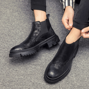 Genuine Leather Martin Boots Men's New British Style Black High-top Motorcycle Leather Boots Men's Winter Thick-soled Lined Chelsea Boots