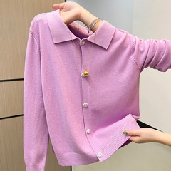 紫色翻领针织开衫毛衣女秋冬季新款宽松显瘦减龄休闲短款外套上衣