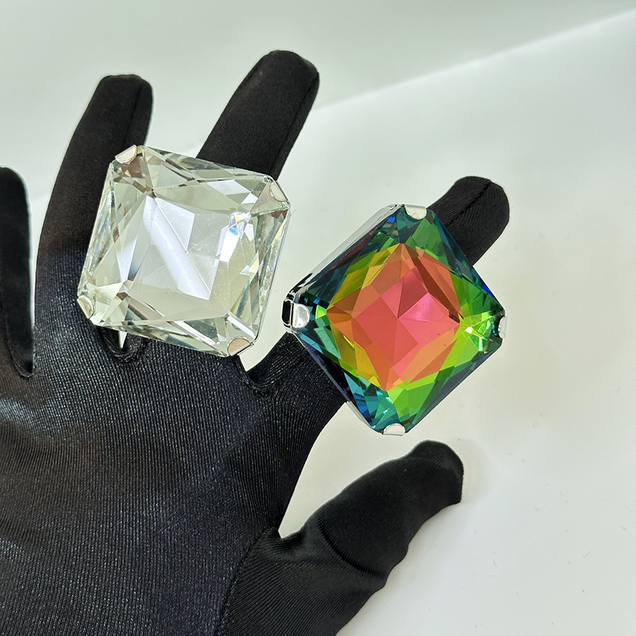 European and American Wind Fire Color Geometric Square Crystal Glass Single Diamond Ring Adjustable Opening Light Luxury Fashionable Finger Ring for Women