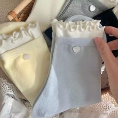 2025 春夏新韓国ファッションインスタイルダブル木耳無地レースソックス女性のミッドチューブソックス
