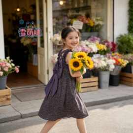 雪萌哒2026女童夏季新款森系复古碎花连衣裙儿童飞袖蝴蝶结公主裙