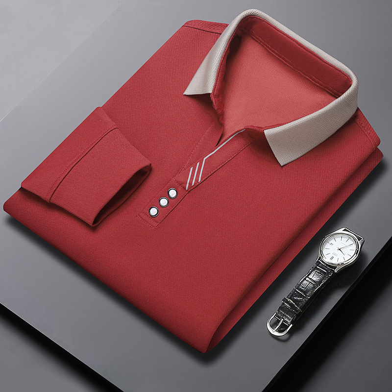 Tijeras collar Camiseta de manga larga de los hombres de Primavera y Otoño Nueva solapa simple casual solapa versátil camisa de polo de mediana edad de los hombres