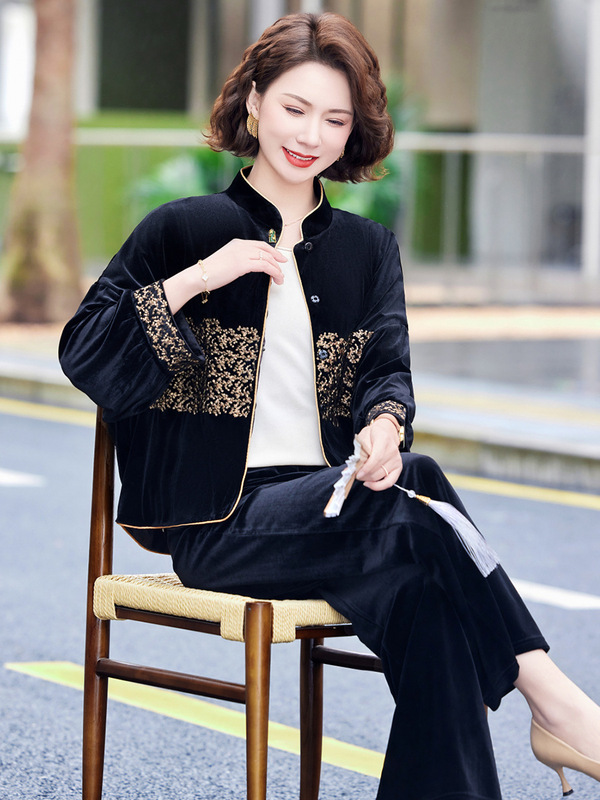 妈妈秋装金丝绒套装中老年女装拉链开衫外套气质2025春秋季两件套|undefined