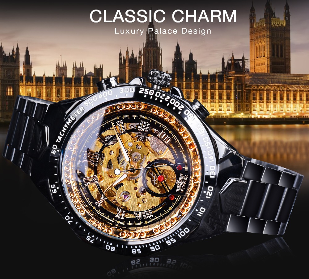 Men's Automatic Skeleton Watch Gold Tone Mechanical Wristwatch_voghion.com