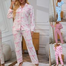 亚马逊秋冬季跨境女士欧美长袖开衫翻领上衣长裤睡衣家居服套装女