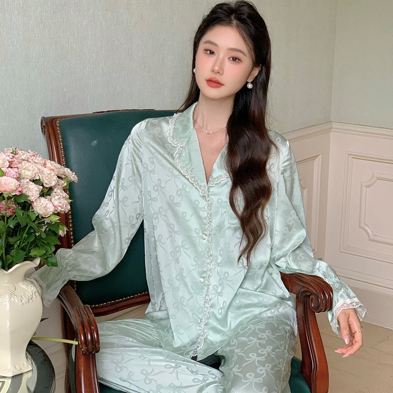 法式睡衣套装女士秋季新款色丁提花两件套装长袖长裤家居服可外穿|undefined