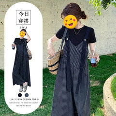 一枚/2025夏には、太ったmmの小さなデザイン感のあるストライプのバックパンツのワイドパンツの純色の半袖上着を着る