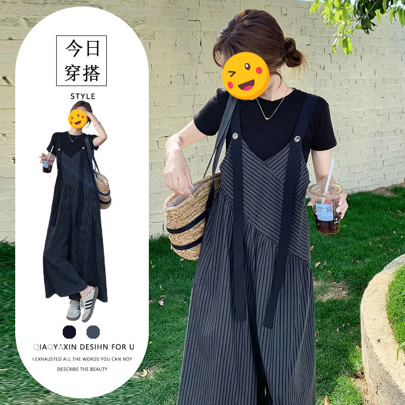 一枚/2025夏には、太ったmmの小さなデザイン感のあるストライプのバックパンツのワイドパンツの純色の半袖上着を着る|undefined