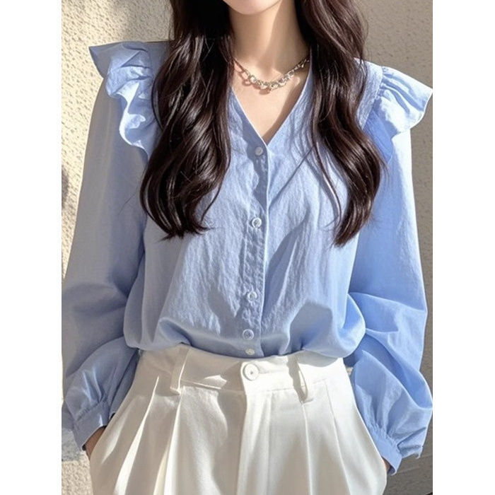 This Year's Popular Beautiful Shirts Are Light and Luxurious, French Niche, Beautiful Blue Long-Sleeved Shirts for Women, Early Autumn Style, Elegant