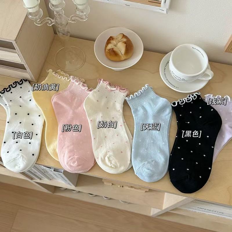 Auricularius Edge Socks Women's Pure Cotton Summer Thin Short Socks Spring and Autumn Wave Dot Girls Ins Trendy Cute Japanese Style Low Socks