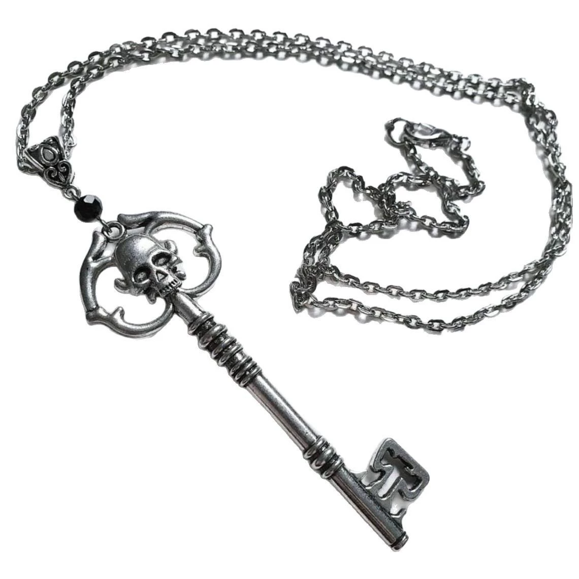 Key pendant necklace, antique silver with crystal accent, gothic style, alloy, 8.8×6.8×1 cm