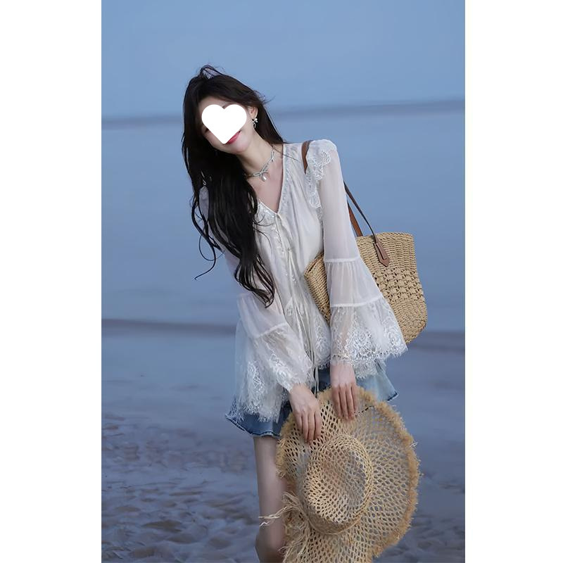 夏季2025新款一整套女装韩系穿搭氛围感蕾丝拼接衬衣牛仔喇叭|undefined