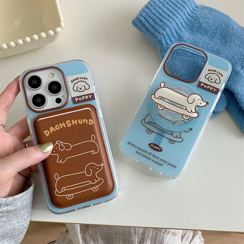 Paquete de tarjeta de succión magnética Skateboard Dachshund de dibujos animados para Apple 16Pro funda para teléfono móvil 15ProMax cachorro 14/13 mujer