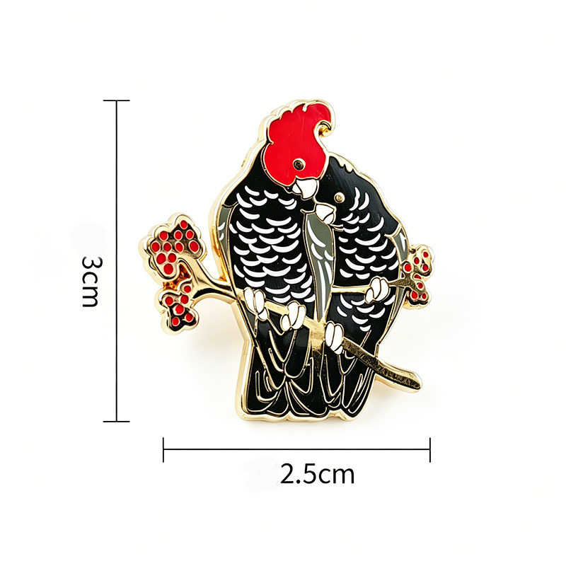 Australian Red-Crowned Black Cockatoo Enamel Badge Perched on Red Berries Brooch Cultural Creative Metal Brooch Accessory