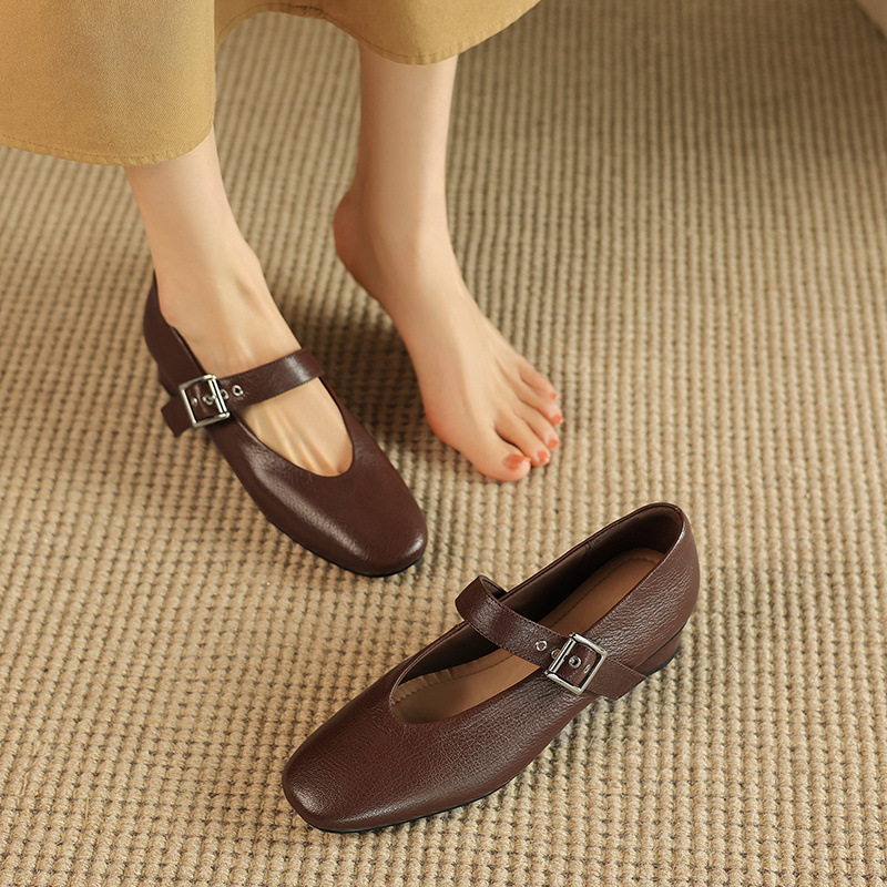 Giày Mary Jane nữ da cừu mũi tròn gót thô thấp, cỡ lớn 34–41 — Màu nâu