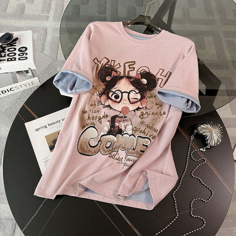 Women's Clothing Sweet Fashion Casual Suit For Women Summer New Round Neck Printed Embroidered T Shirt Loose Denim Shorts Two Piece Suit Trendy_ecoleips.com
