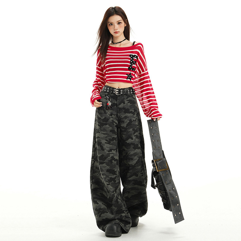 American Style High Street Tooling Wide Leg Camouflage Jeans Women's Dipped Summer Retro High Waist Loose Slimming Straight Pants