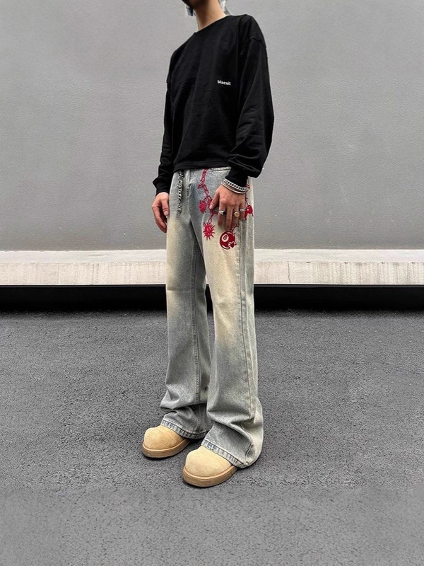 アメリカンレトロ刺繍ジーンズ、ヨーロッパとアメリカのヒップホップストリートパンツ、メンズハイエンドデザインストレートレッグパンツ|undefined