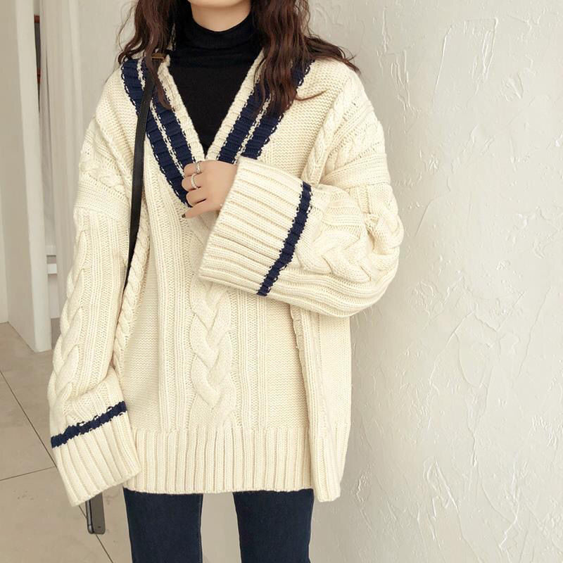 Cross-border coreano otoño y invierno nuevo suéter de torsión de cuello en V mujer retro camisa de color de contraste floja camisa de punto suelta mujer