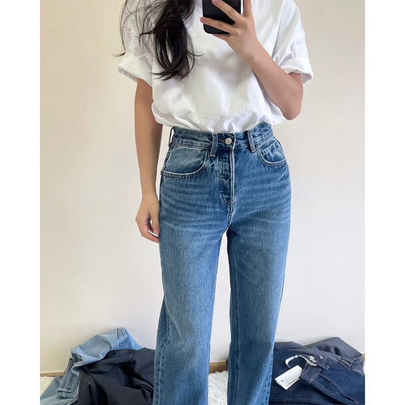 Turkish Bossa Imported High-Waisted Korean-Style True Blue Slim-Fit Wide-Leg Slimming Floor-Length Straight Pants Turkish Bossa Imported High-Waisted Korean-Style True Blue Slim-Fit Wide-Leg Slimming Floor-Length Straight Pants