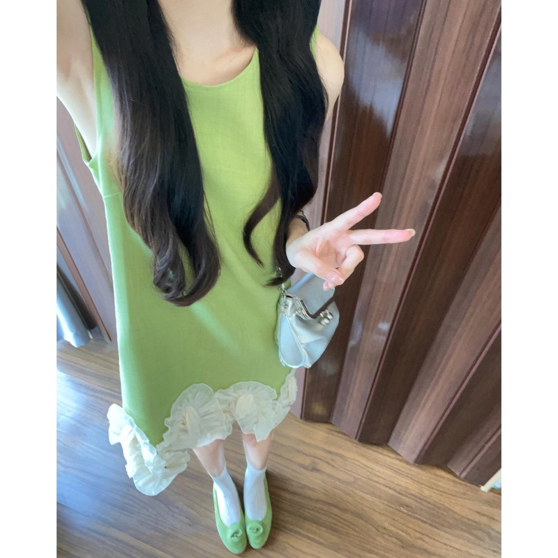 フォレストスタイル小柄なアボカドグリーンステッチレースドレス女性の夏甘い年齢軽減ノースリーブベストドレス|undefined