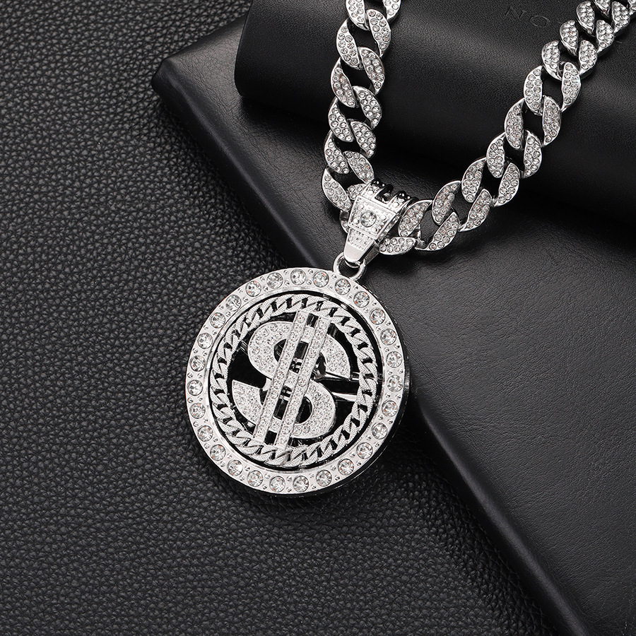 Alloy Chain Material Cuban Link Chain Curb Chain Chain Type Hip-Hop Round Dollar Alloy Inlay Rhinestones Unisex Pendant Necklace Necklace Pendant Men Pendant Necklaces