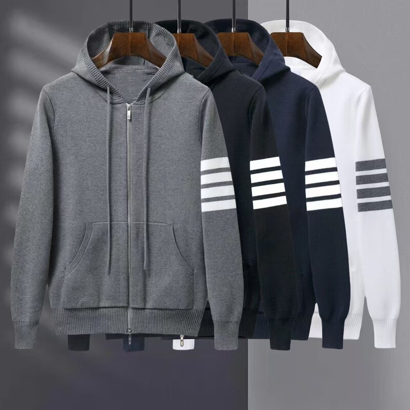 Tb Autumn and Winter Classic Hooded Zipper Men and Women Couple's Same Style Four-Bar Yarn-Dyed Stripesd Loose Thickeneded Sweater Jacket