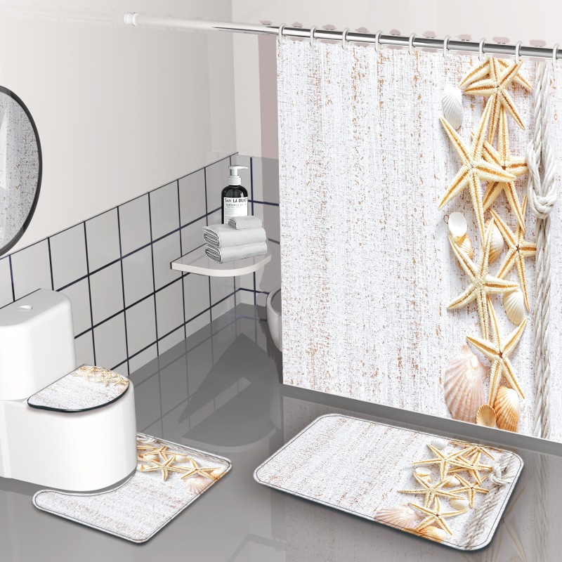 Impresión digital de ondas cortina de baño sin agujeros partición de baño cortina impermeable baño cuatro piezas conjunto de dibujo se puede fijar image 7