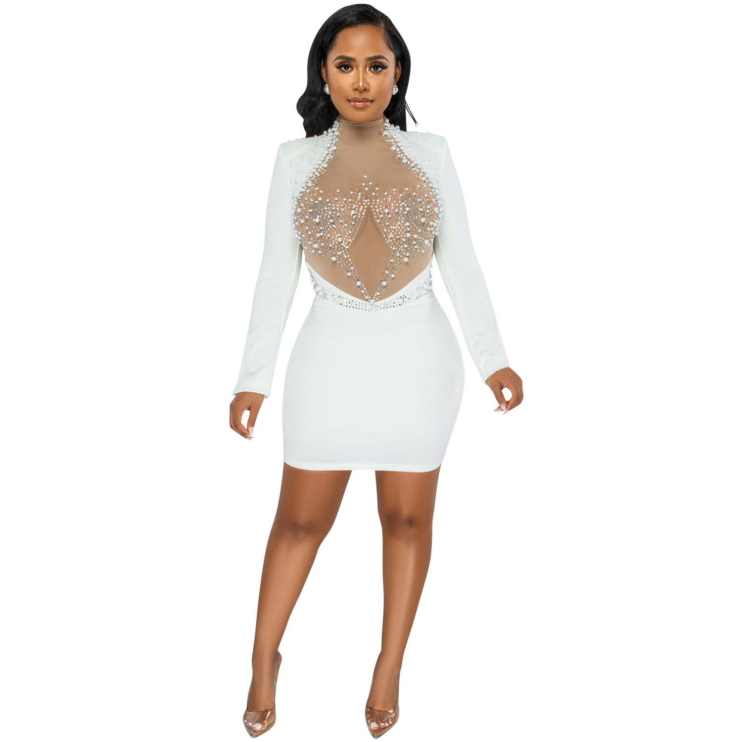X5681 AliExpress moda sexy club nocturno caliente rhinestone malla ver-a través de espuma sin respaldo de manga larga MIDI vestido de las mujeres