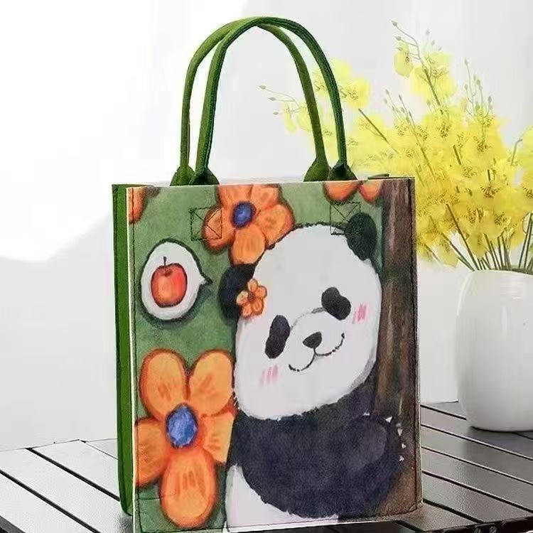 Guochao ポストパンダフラワーフェルトバッグハンドバッグトートバッグ通勤レディースバッグショルダーハンドバッグギフトバッグ|undefined