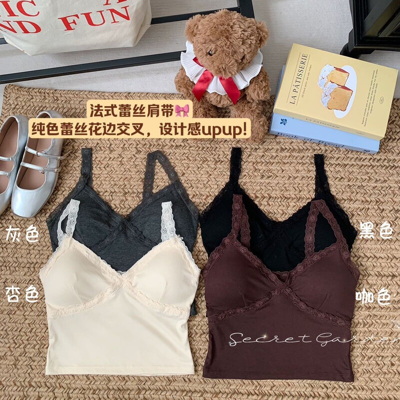 New French Style Lace Cross Design Sexy Fashion Spice Girl Beautiful Back Comfortable Base Vest with Chest Pad